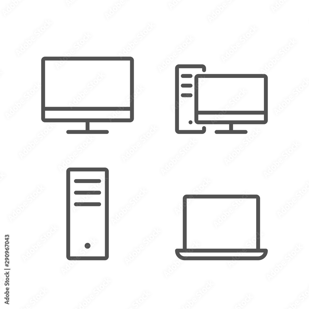 Simple set of computer outline icons: pc monitor, system unit (case