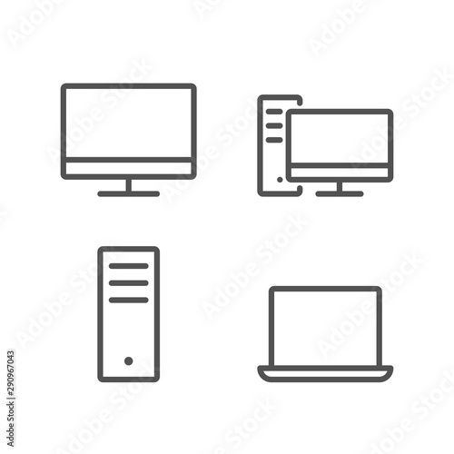 Simple set of computer outline icons: pc monitor, system unit (case), laptop. Editable Stroke. Pixel Perfect. Line vector illustration. Eps10.