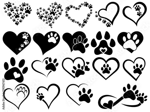 Set of hearts with the paws of dogs and cats. Collection of black and white logos with footprints of pets. Vector illustration of hearts symbolizing love for animals. Tattoo.