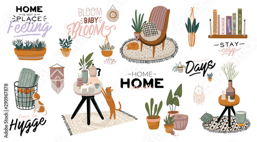 Stylish Scandic living room interior - sofa, armchair, coffee table, plants in pots, lamp, home decorations. Cozy Autumn season. Modern comfy apartment furnished in Hygge style. Vector illustration