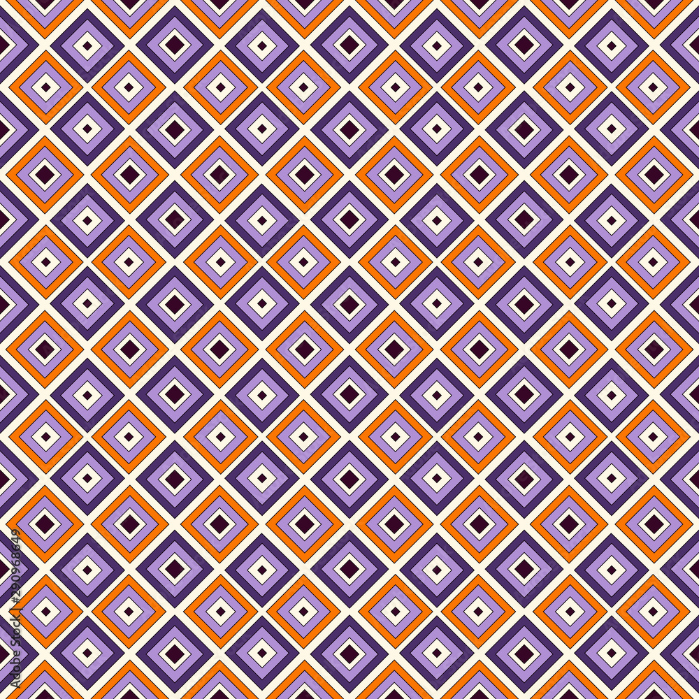 Seamless surface pattern in Halloween traditional colors with square ornament. Repeated bright diamonds background.
