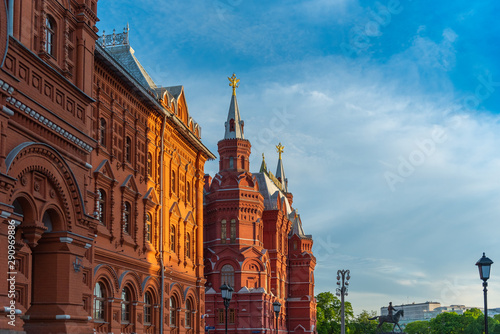 MOSCOW, RUSSIA - MAY 16, 2019: State Historical Museum wedged between Red Square and Manege Square at sunset time.