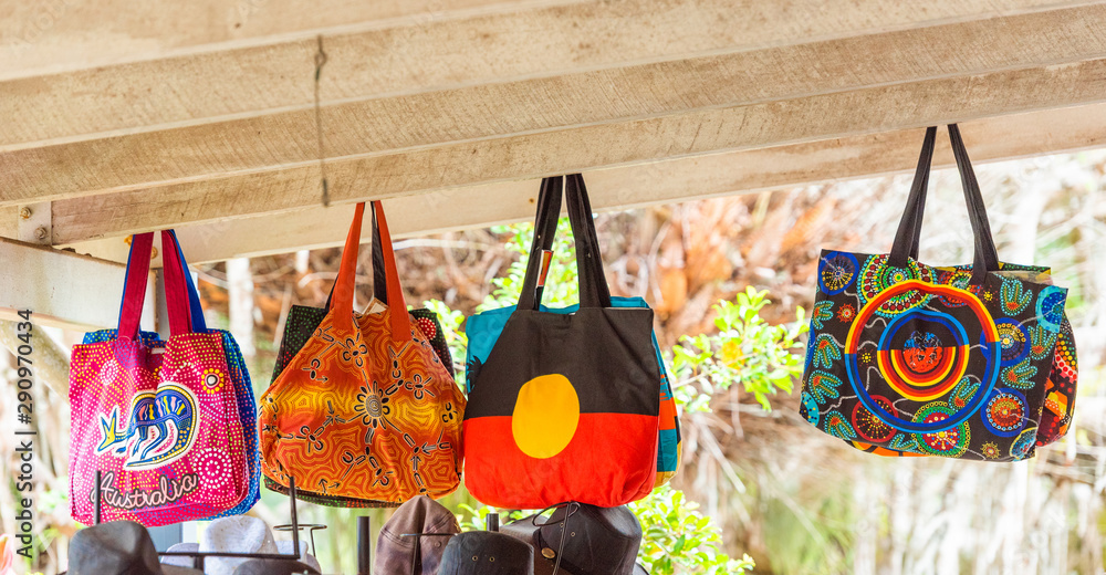 Colorful souvenir bags, Australia. With selective focus.