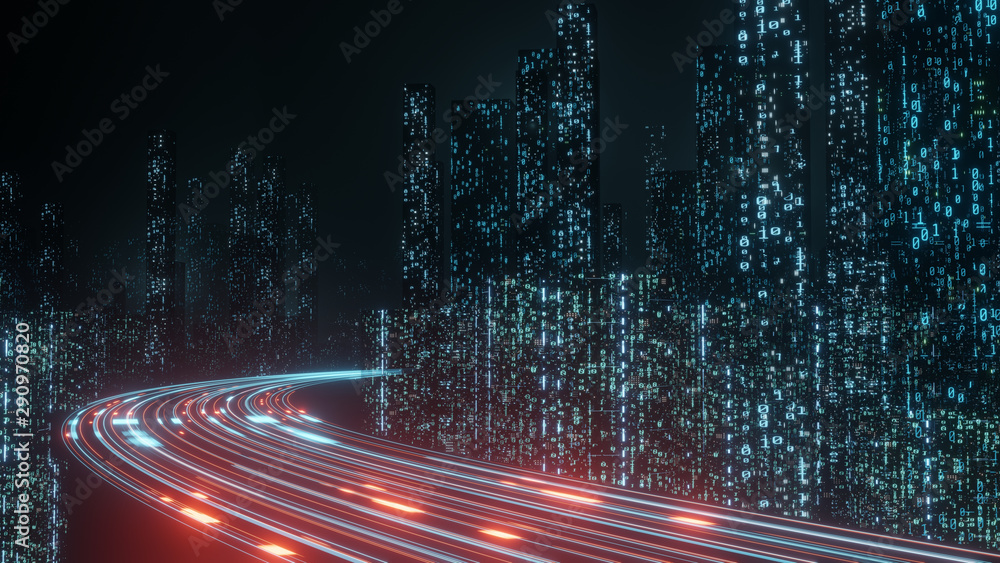 3D Rendering of abstract highway path through digital binary towers in city. Concept of big data, machine learning, artificial intelligence, hyper loop, virtual reality, high speed network.  - obrazy, fototapety, plakaty 