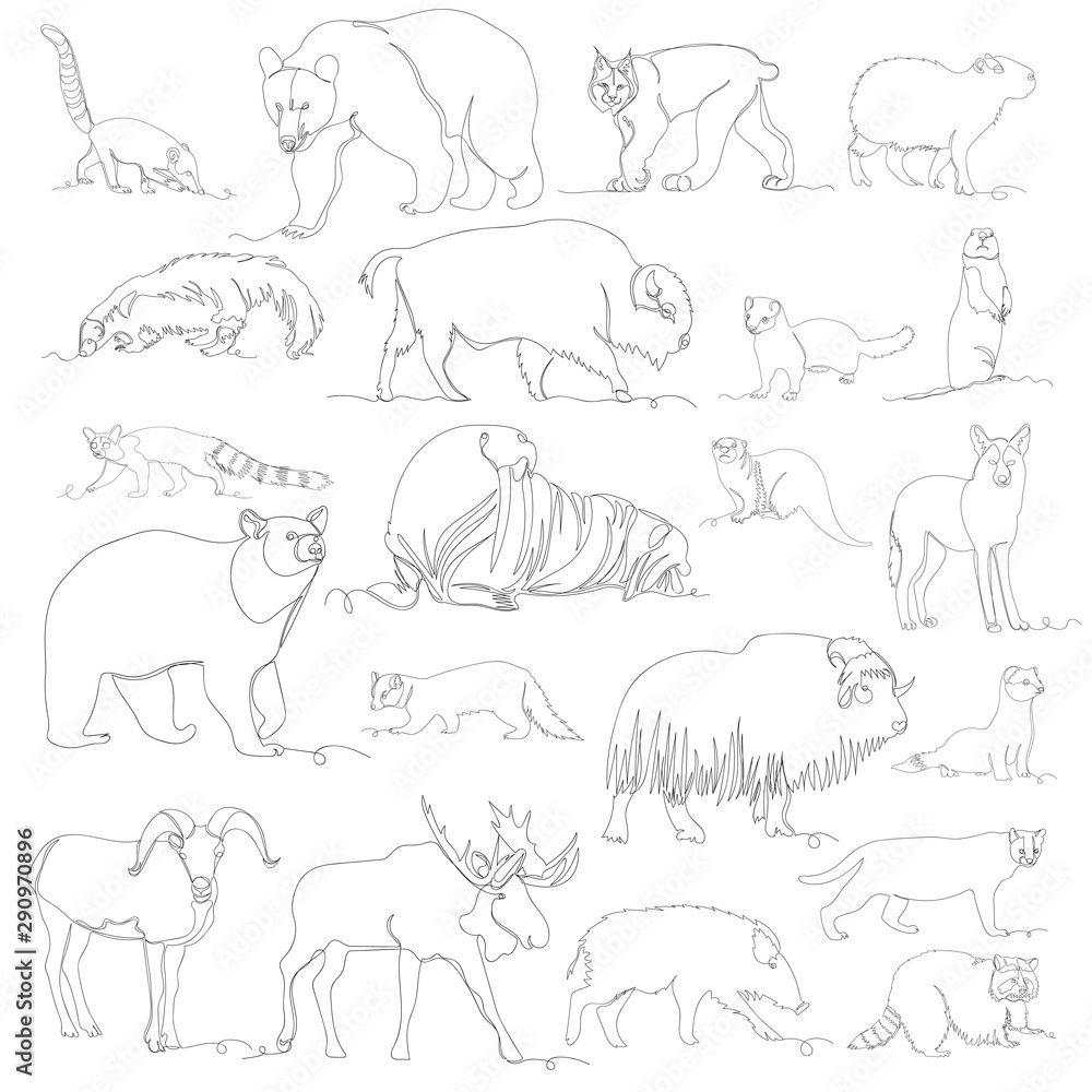 wild animal. vector images of different animals. one line. set