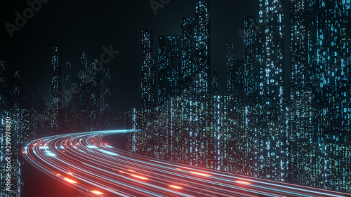 3D Rendering of abstract highway path through digital binary towers in city. Concept of big data, machine learning, artificial intelligence, hyper loop, virtual reality, high speed network. 