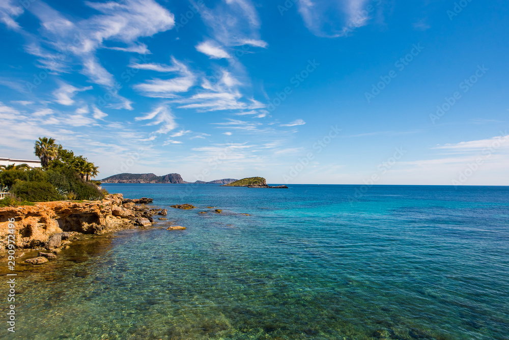 Es Canar Sea view with clear blue Mediterranean waters - Ibiza, Spain