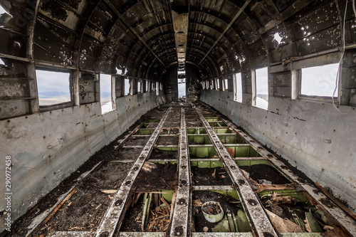 Interior of the fuselage of the wreck of an old, abandoned plane