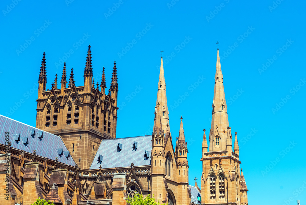 Cathedral of Virgin Mary, Sydney, Australia. Isolated on blue background.