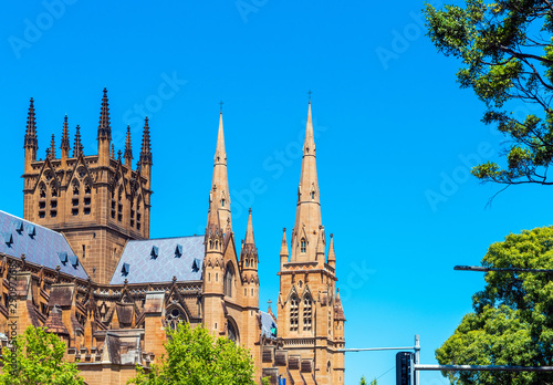 Cathedral of Virgin Mary, Sydney, Australia. Isolated on blue background.