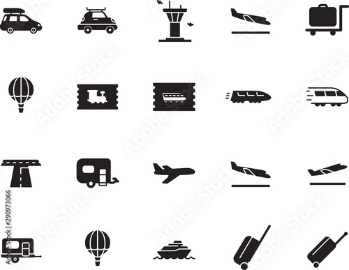 holiday vector icon set such as: highway, pictogram, control, outdoor, sea, map, camper, hotel, van, water, set, path, start, tour, shipping, briefcase, grey, departures, camp, cart, street, smart