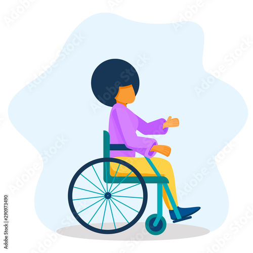 Young black woman sitting in wheelchair. African American girl raised empty hands, living with disability, equal opportunities concept  Cartoon vector illustration isolated on blue stain background