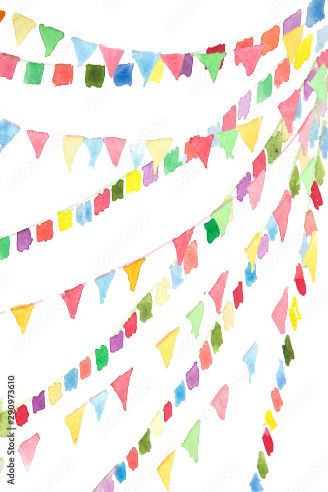Fototapeta premium Colorful watercolor bunting flags on white background