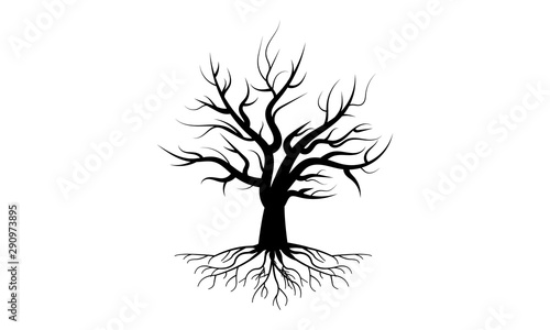 Tree with roots in black design, vector art illustration.