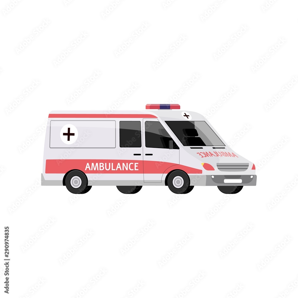 Ambulance car with a siren, medical transport in an emergency.