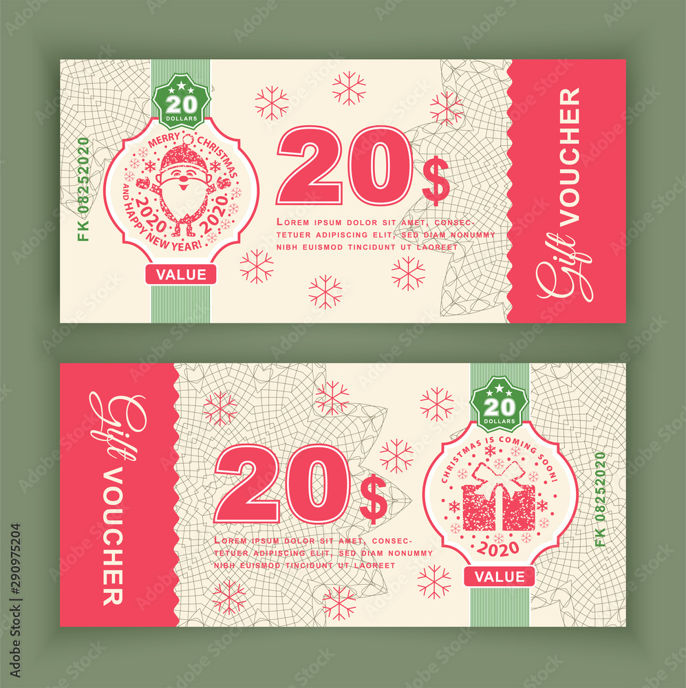 Naklejka premium Christmas Vector coupon Voucher with Santa Claus.Twenty dollars