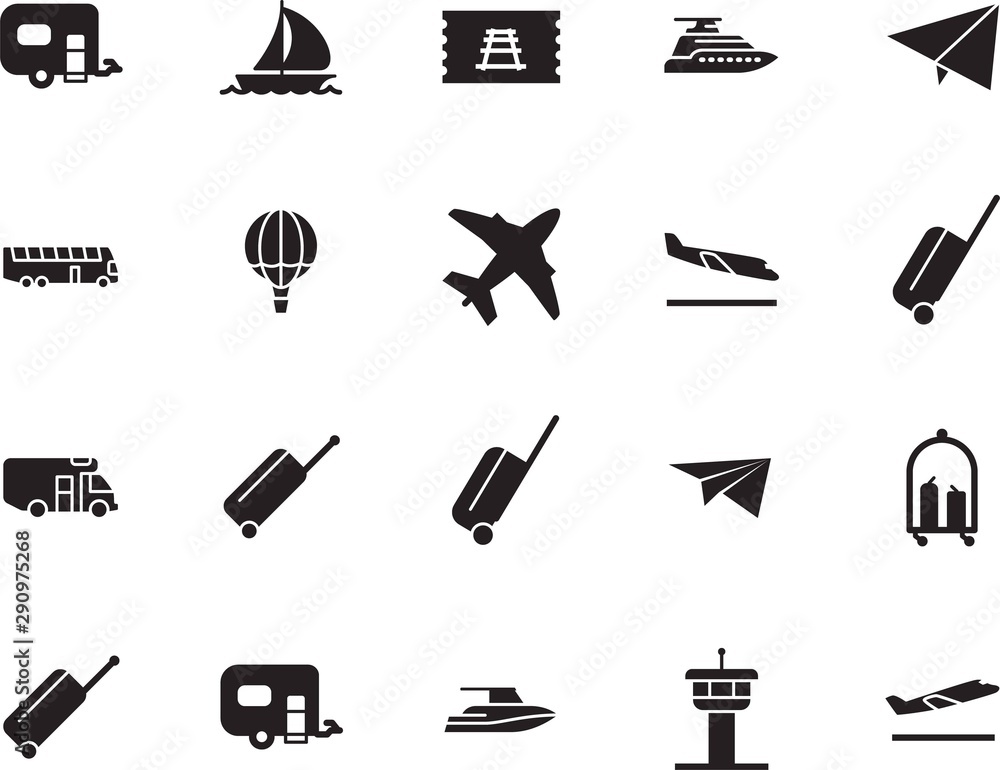 Obraz premium holiday vector icon set such as: wave, tower, public, camping, modern, van, coupon, pass, airship, yachting, silver, stop, ship, nautical, sailboat, side, arrive, balloon, off, fun, train, hot