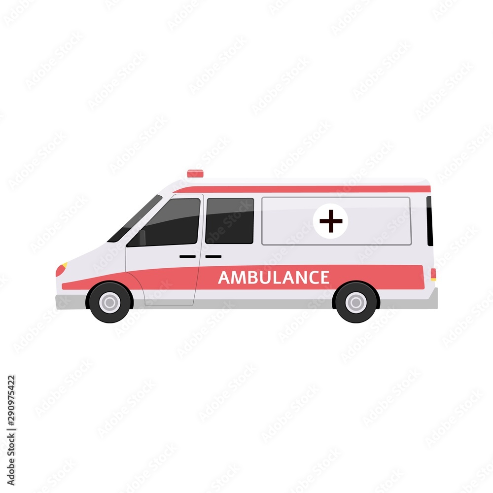 Ambulance car side view - flat cartoon vector illustration Ambulance car side view - flat cartoon vector illustration