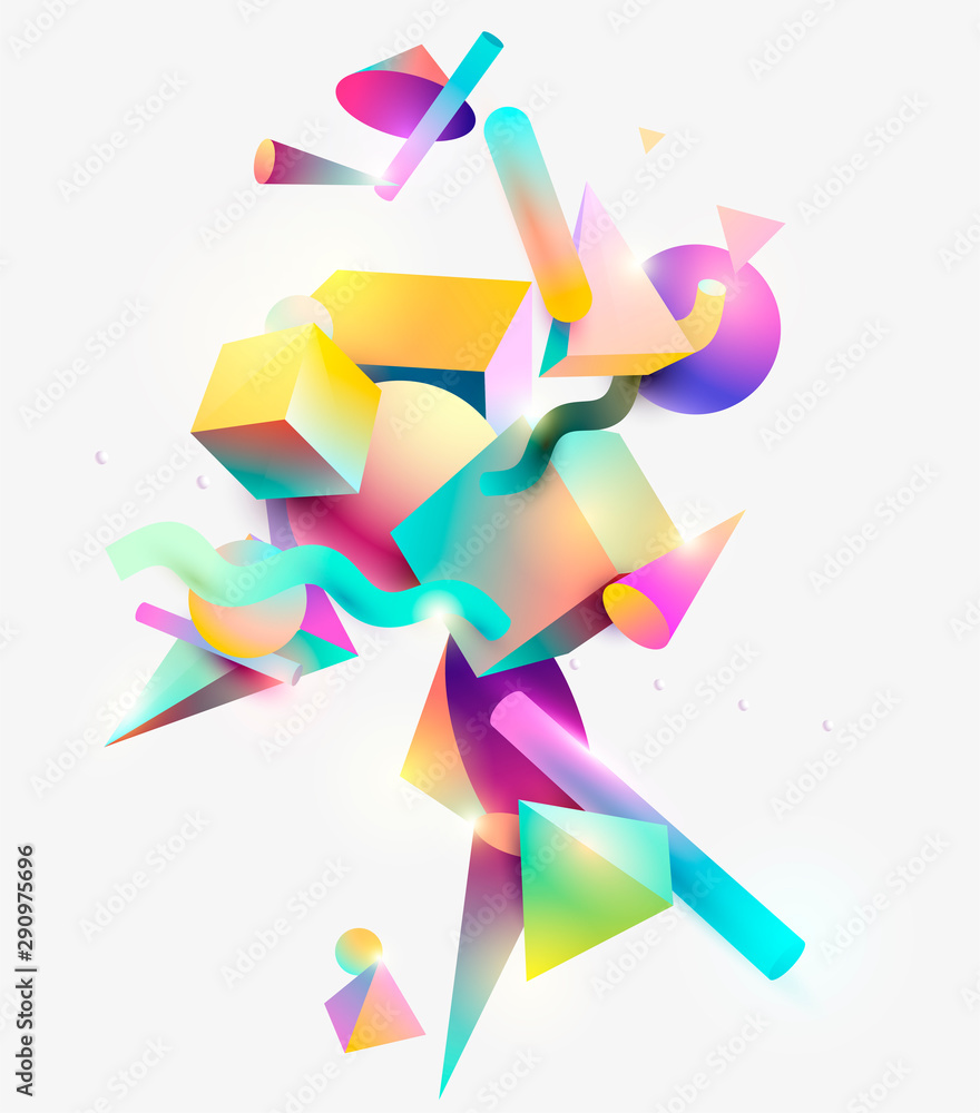 Abstract background of 3D primitive geometric shapes. Colorful design.	