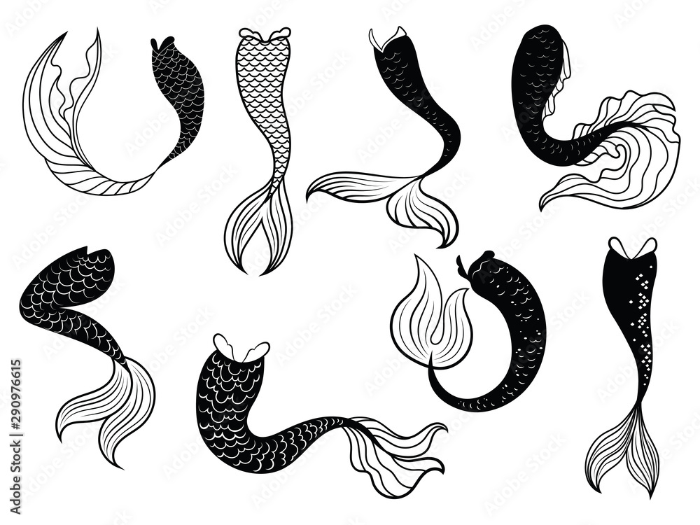 Set of tails mermaids. Collection of stylized mermaid tails for clipart