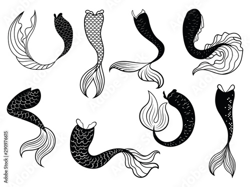 Set of tails mermaids. Collection of stylized mermaid tails for clipart. Black white vector illustration for children. Tattoo.
