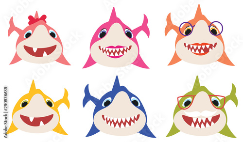 Set of cartoon shark family. Collection of stylized sharks for children. Vector illustration of cute predatory fish.