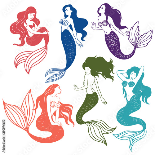 Set of silhouette mermaids. Collection of stylized mermaids. Vector illustration of mystical creatures for children.