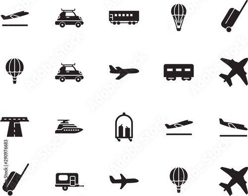holiday vector icon set such as: boat, luxury, cruise, camper, briefcase, mobile, marine, trailer, trolley, arrival, rv, yacht, cart, asphalt, drive, road, landing, avenue, aeroplane, caravan