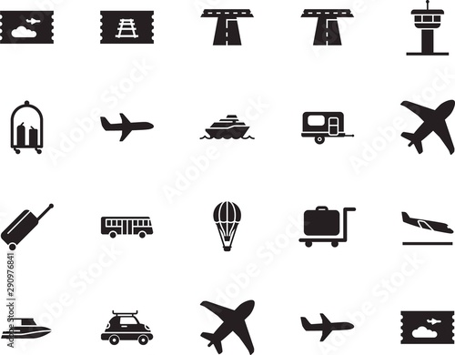 holiday vector icon set such as: grey, aeroplane, shipping, locomotive, basket, camp, box, wheel, delivery, train, water, controller, railway, airship, control, marine, balloon, home, van, camping