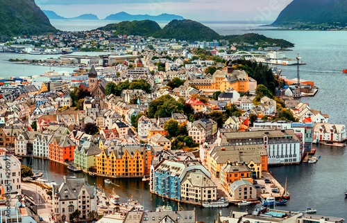 Alesund is a port and tourist city at the entrance to the Geirangerfjord.  Cityscape image of Alesund. photo