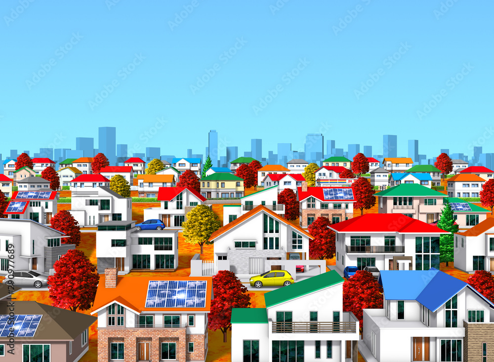 Autumn residential area and blue sky by 3d rendering