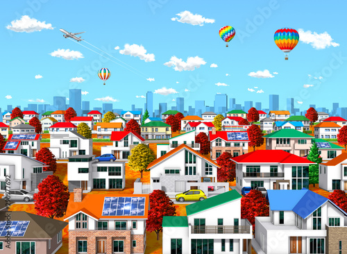 Autumn residential area and balloons by 3d rendering