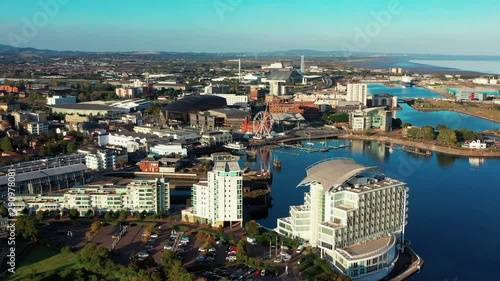 Aerial view of Cardiff Bay, the Capital of Wales, UK 2019 on a clear sky summer day