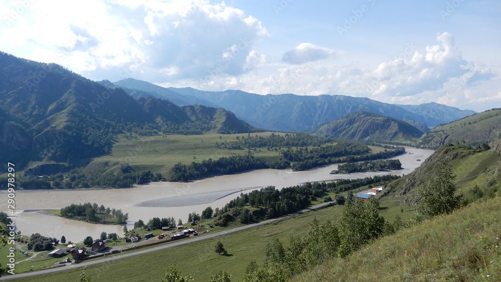 view of the Katun river from the Tolgoek plateau in the Altai mountains