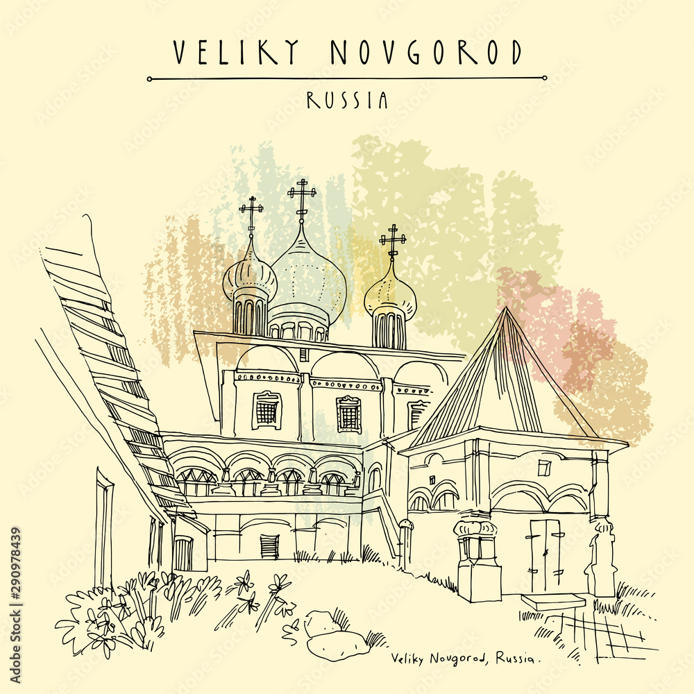 Veliky Novgorod (Novgorod the Great), Russia. Cathedral of the Virgin of the Sign (Znamensky Cathedral). Architectural  travel sketch. Hand drawn touristic postcard. EPS10 vector illustration