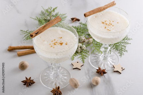 Closeup of two cocktail glasses of aromatic tasty eggnog with alcohol, cinnamone sticks, nutmeg.Delicious traditional Christmas drink photo