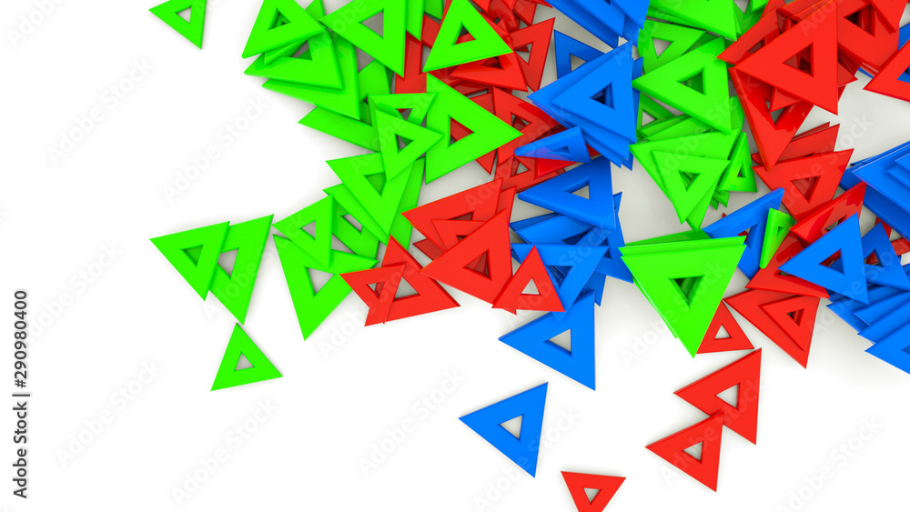 Bright multi-colored three-dimensional triangles on a white background. 3d rendering illustration.