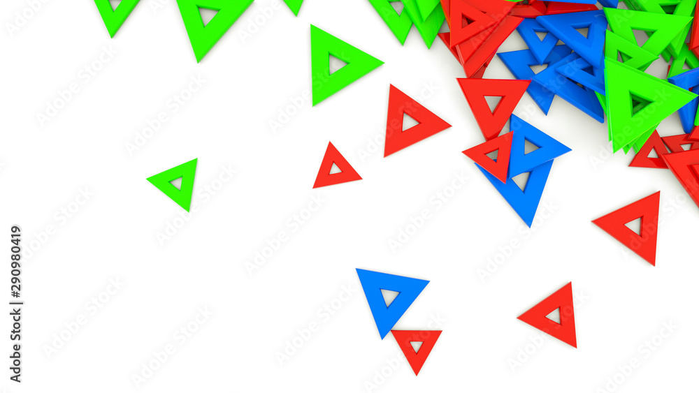 Bright multi-colored three-dimensional triangles on a white background. 3d rendering illustration. Bright multi-colored three-dimensional triangles on a white background. 3d rendering illustration.