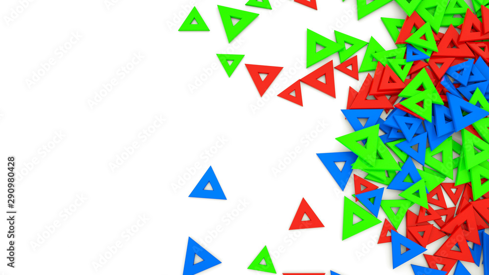 Bright multi-colored three-dimensional triangles on a white background. 3d rendering illustration. Bright multi-colored three-dimensional triangles on a white background. 3d rendering illustration.