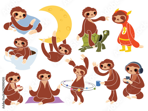 Set of cartoon sloths. Collection of cute sloths. Vector illustration of animals for children.