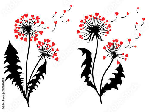 Set of dandelions with hearts. Collection of dandelion silhouettes with flying seeds. Black white vector illustration of summer flower. Tattoo plants.