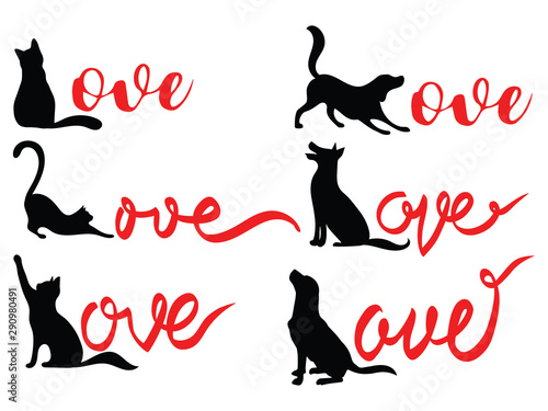 Set of love lettering with pets. Collection of silhouettes of dogs and cats with the inscription love. Tattoo.