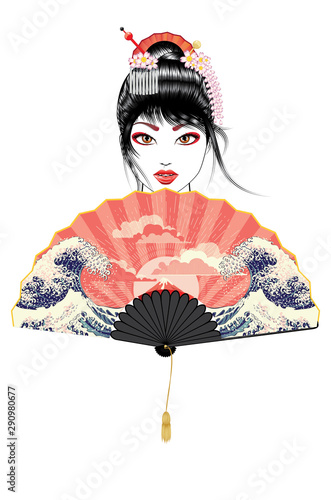 Geisha and fan with seascape