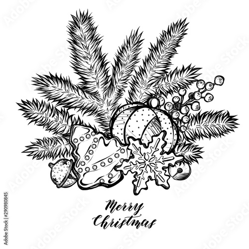 Merry Christmas. Vector illustration, spruce branches, ginger biscuits, bells, handmade,card for you,prints on T-shirts, background white, tattoos