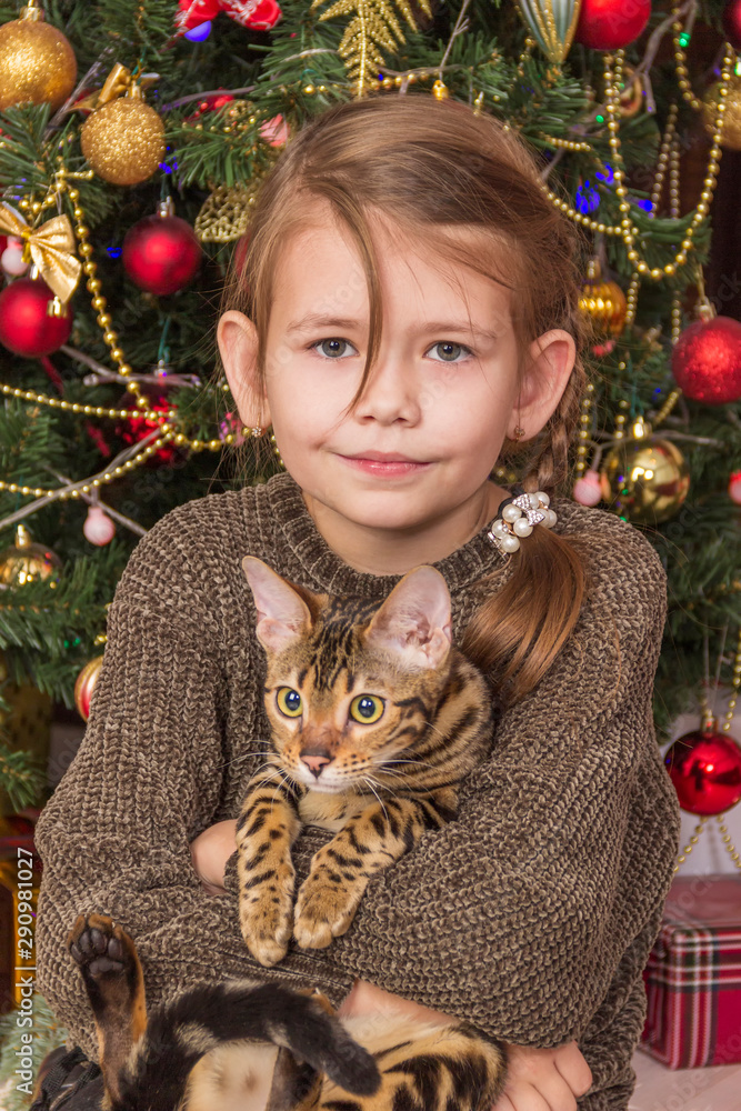 Young girl with a bengal cat. Friendship.