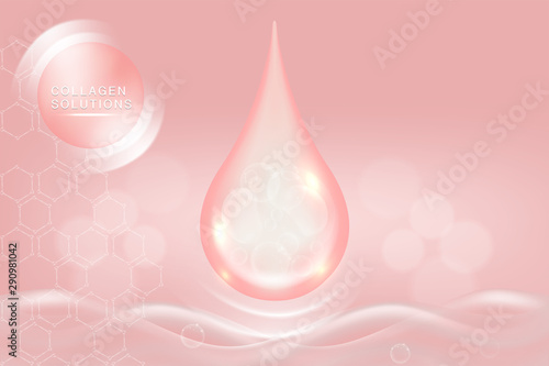 Hyaluronic acid skin solutions ad, pink collagen serum drop with cosmetic advertising background ready to use, illustration vector.	