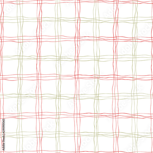 Weave effect strands of red, green and gold hand drawn doodle lines in geometric grid design. Seamless vector pattern on white background. Great for wellbeing, seasonal packaging, stationery giftwrap.