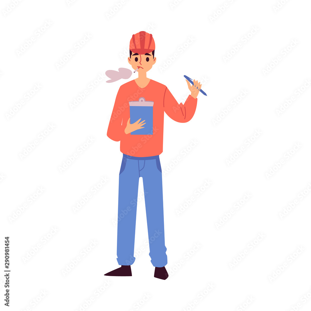 Warehouse worker smoking and reading notepad, cartoon man in helmet and uniform Warehouse worker smoking and reading notepad, cartoon man in helmet and uniform