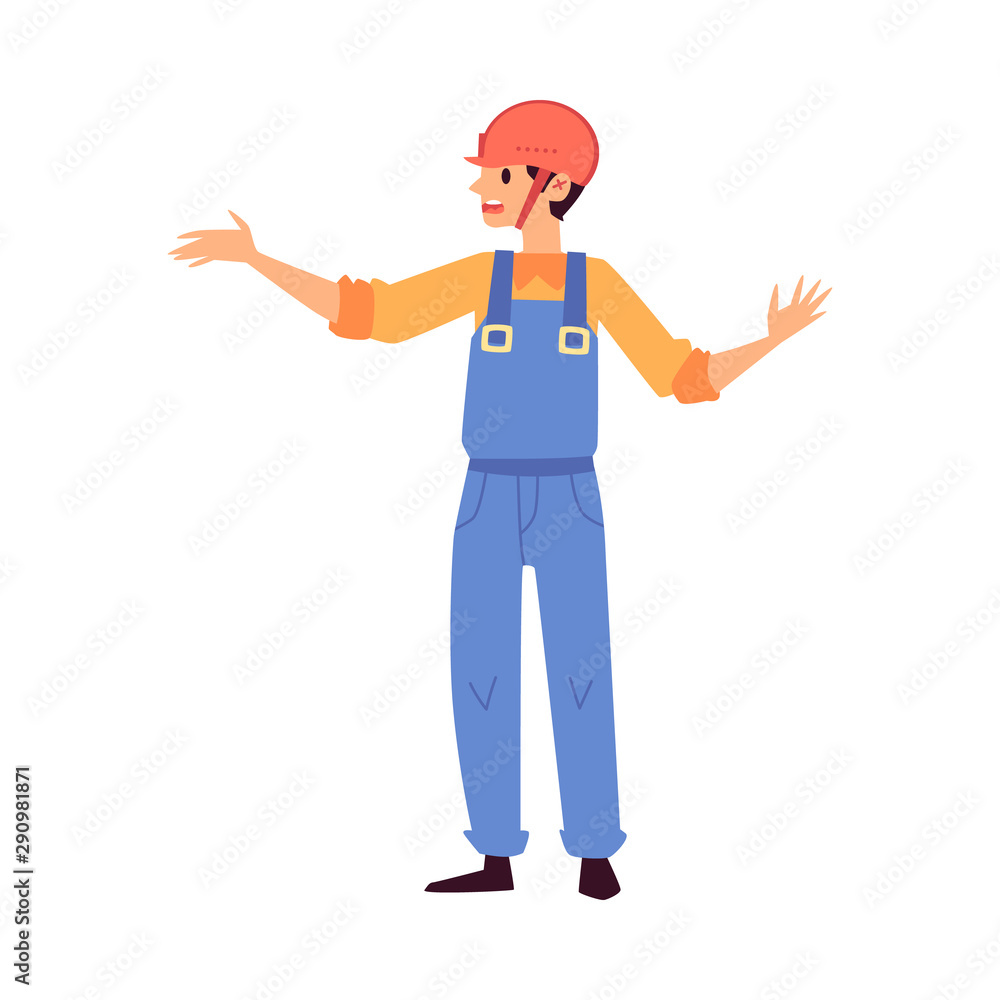 Cartoon warehouse worker in blue uniform gesturing with his hand Cartoon warehouse worker in blue uniform gesturing with his hand