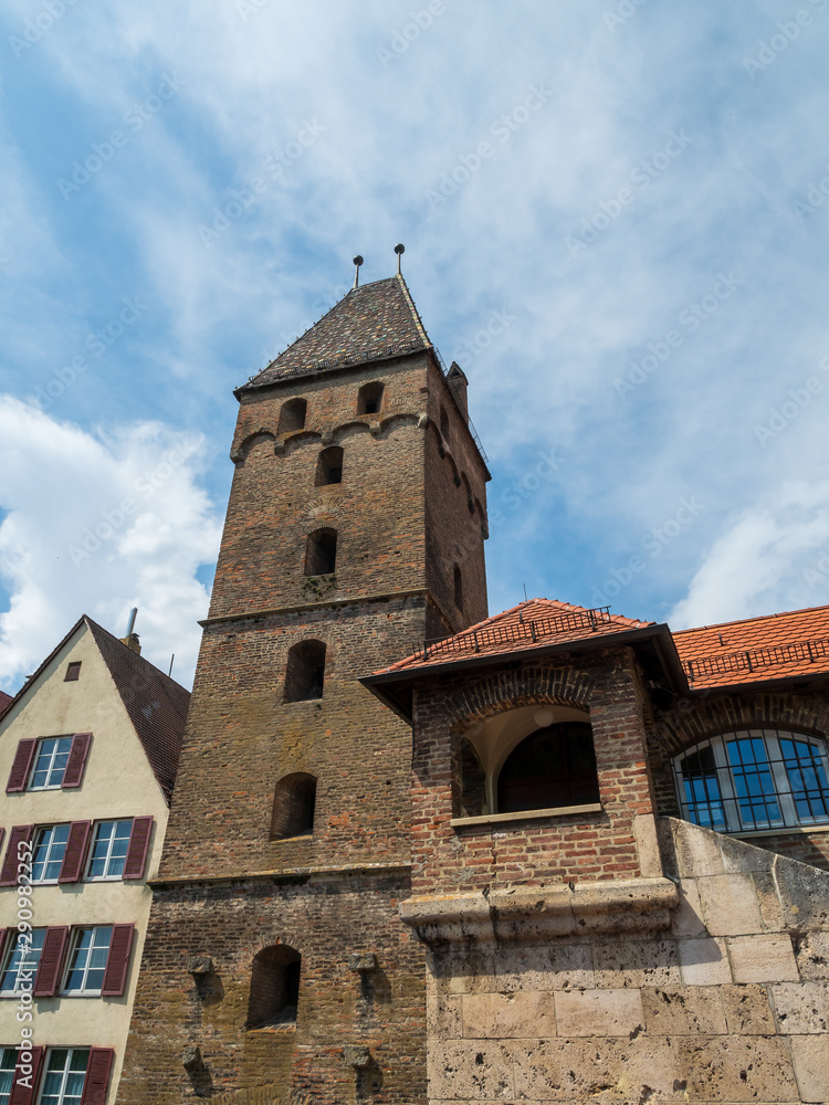 Ulm, Germany - Jul, 20th 2019:The butcher's tower (Metzgerturm) in Ulm is still a preserved city ​​gate of the medieval town fortification on the Danube